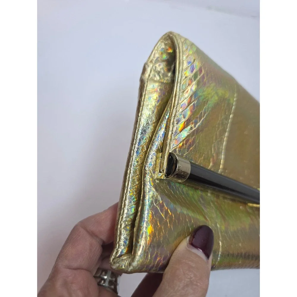 Diane von Furstenberg Gold Holographic Snakeskin Clutch Bag Evening Envelope